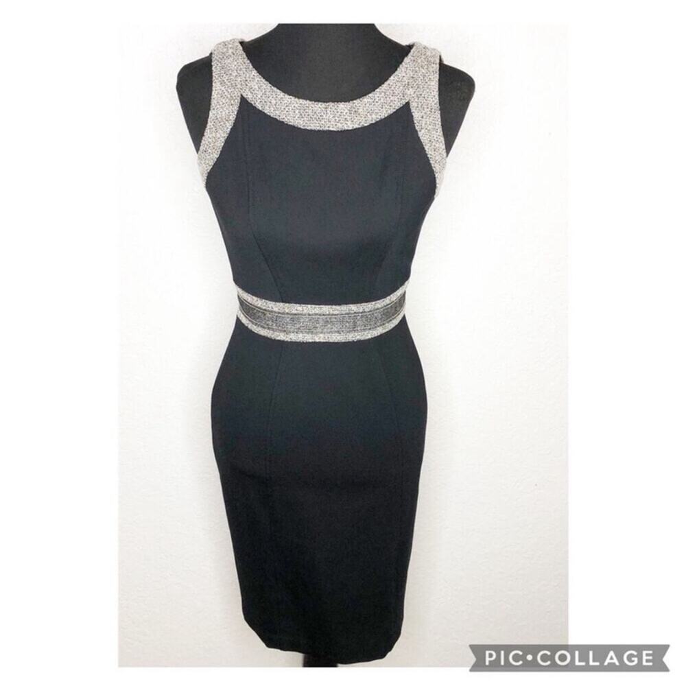 WHBM black white tan tweed beaded trim sleeveless sheath dress size 6 classic